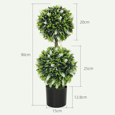 HOMCOM Set of 2 Decorative Artificial Plants Ball Trees with Lavender Flowers in Pot Fake Plants for Home Indoor Outdoor Decor, 70cm, White 