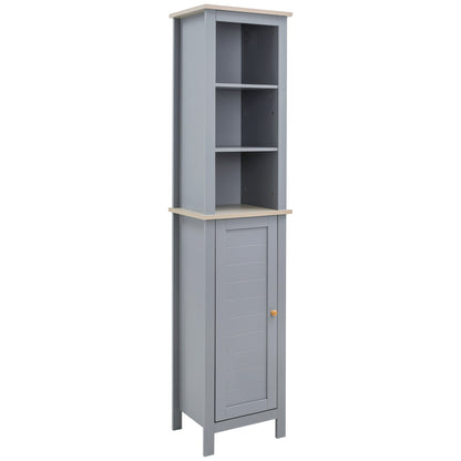 kleankin Bathroom Floor Storage Cabinet with 3 Tier Shelf and Cupboard with Door, Free Standing Linen Tower, Tall Slim Side Organizer Shelves, Grey 