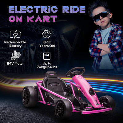 HOMCOM 24V Electric Go Kart for Kids, Drift Ride-On Racing Go Kart with 2 Speeds, for Boys Girls Aged 8-12 Years Old, Pink 
