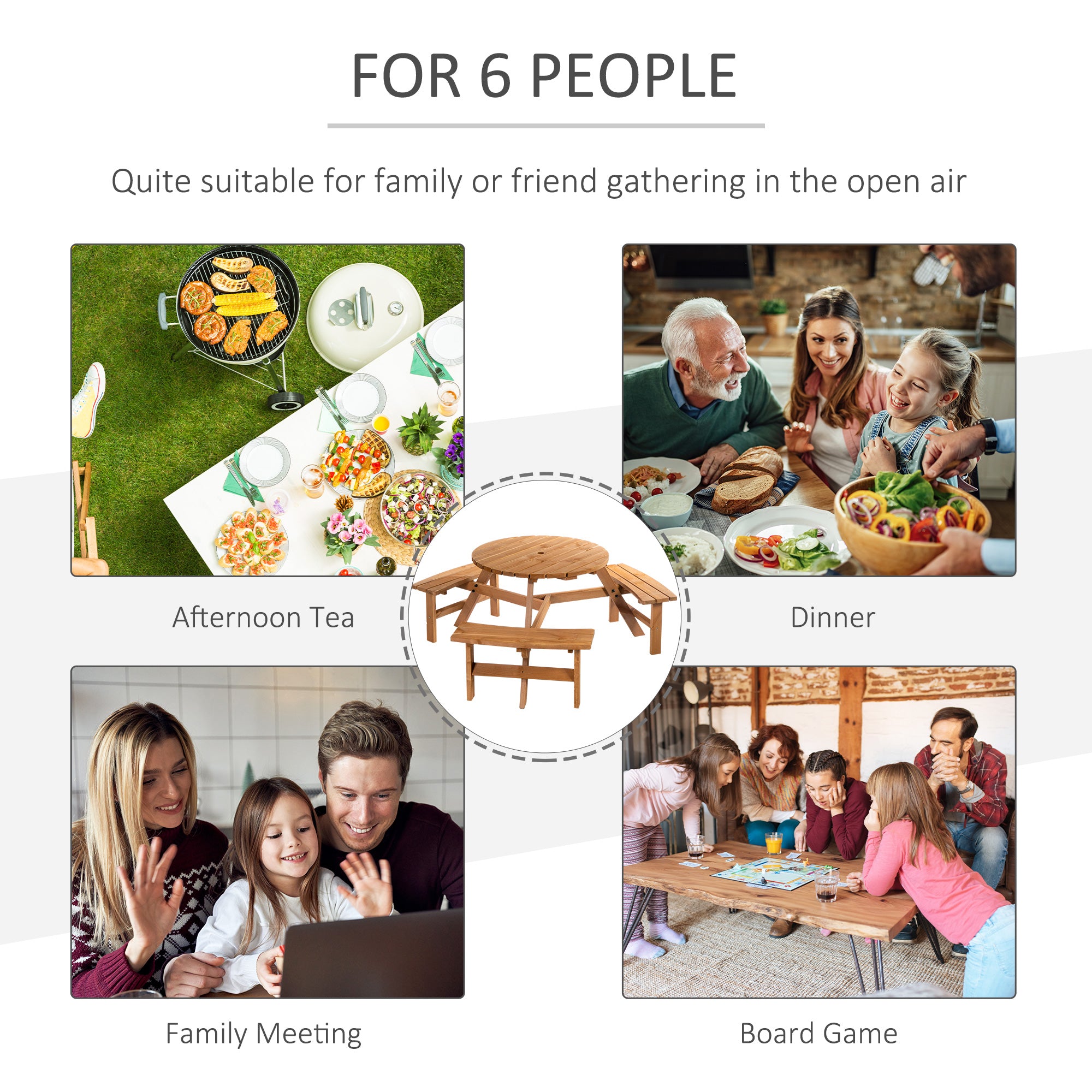 Outsunny 6 Seater Wooden Picnic Table and Garden Benches Set, Round Garden Dining Set with 3 Benches and Umbrella Hole Outdoor Garden Park, Brownish Red 