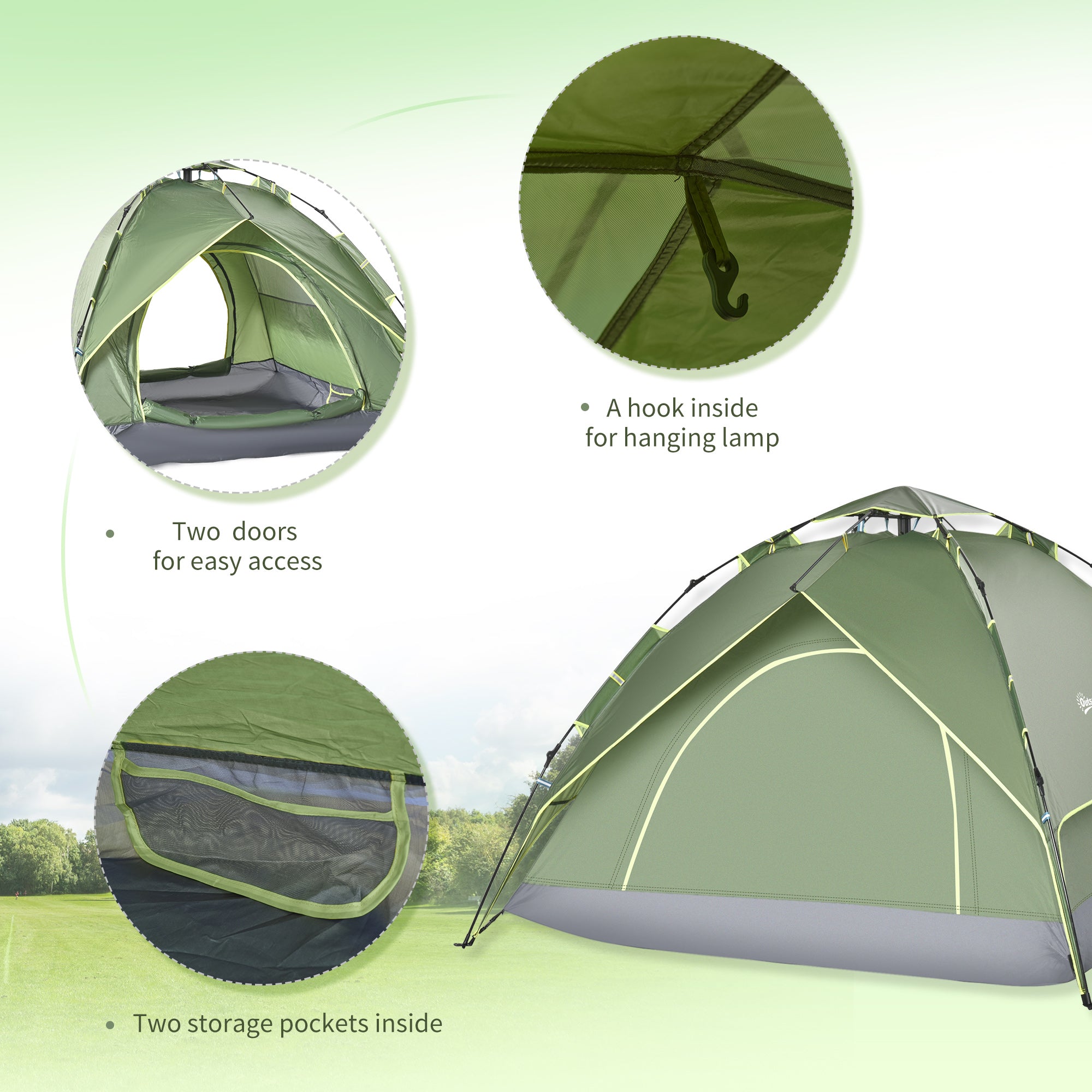 Outsunny 3 Man Camping Tent Automatic Pop Up Tent Portable Double Layer for Festival Hiking Family Travel Shelter 
