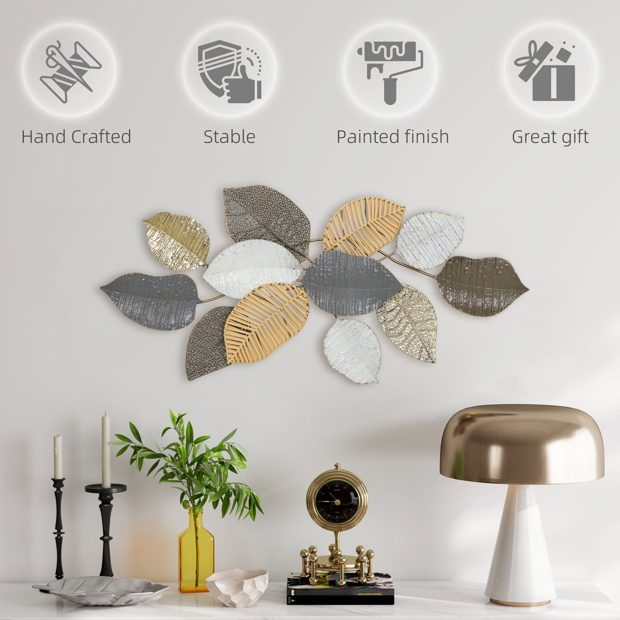 HOMCOM Metal Wall Art, Modern Hanging Wall Decor with Unique Leaf Design for Living Room Bedroom Entryway 