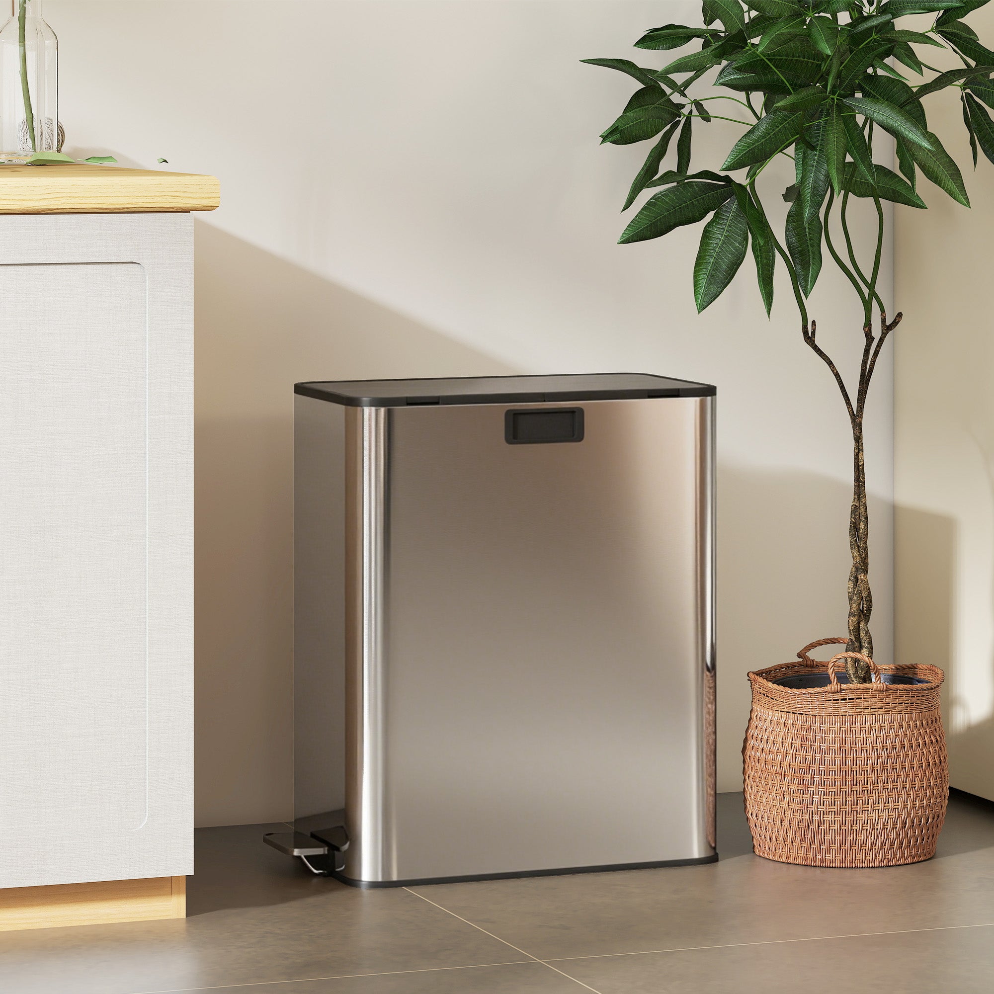 HOMCOM Dual Kitchen Bin with Soft-Close Butterfly Lid, 2 x 28L Stainless Steel Pedal Bin with Removable Inner Buckets, Fingerprint-Proof for Recycling and Waste, Silver Tone 