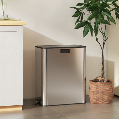 HOMCOM Dual Kitchen Bin with Soft-Close Butterfly Lid, 2 x 28L Stainless Steel Pedal Bin with Removable Inner Buckets, Fingerprint-Proof for Recycling and Waste, Silver Tone 