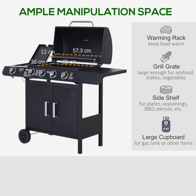 Outsunny 4+1 Burner Gas BBQ Grill, Outdoor Barbecue Trolley with Wheels, Warming Rack, Side Shelves, Cabinet, Thermometer for Garden, Party, Camping, 125 L x 51 W x 100 H cm, Black 