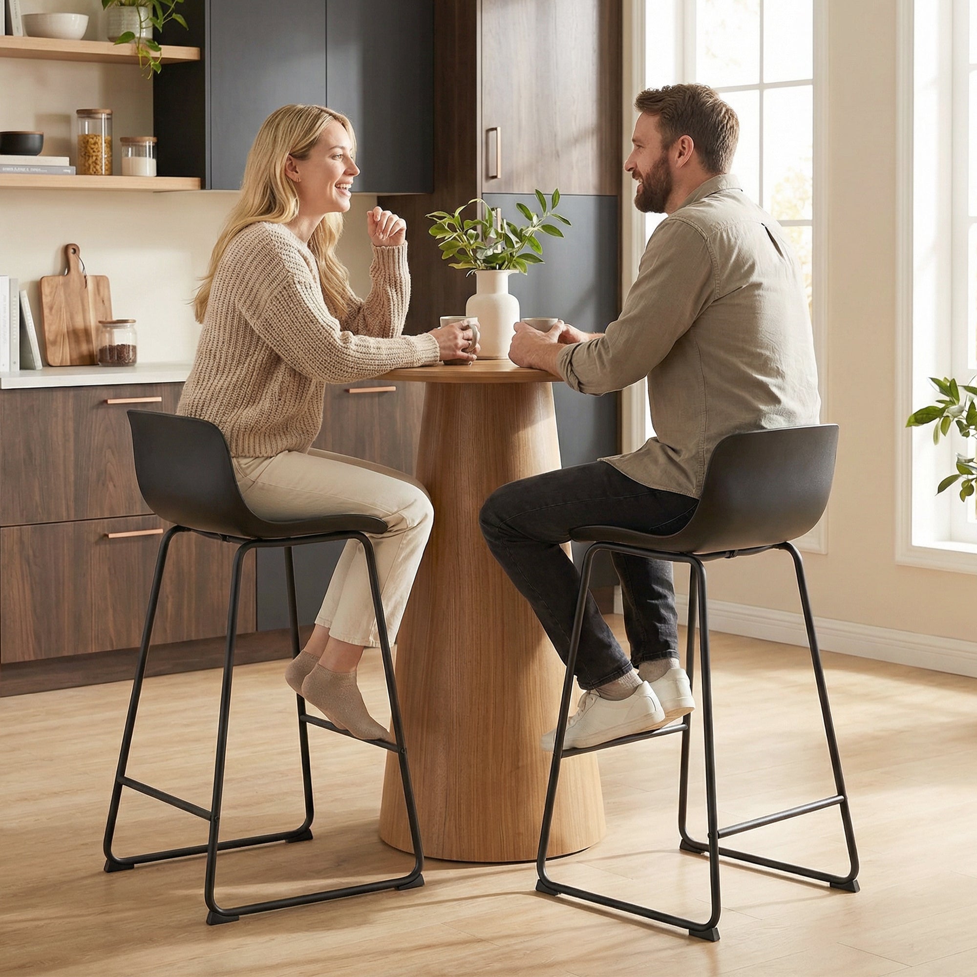 HOMCOM Modern Bar Stools Set of 2, PU Leather Barstools, Counter Height Kitchen Chairs for Breakfast Bars, Dining Room, Black 