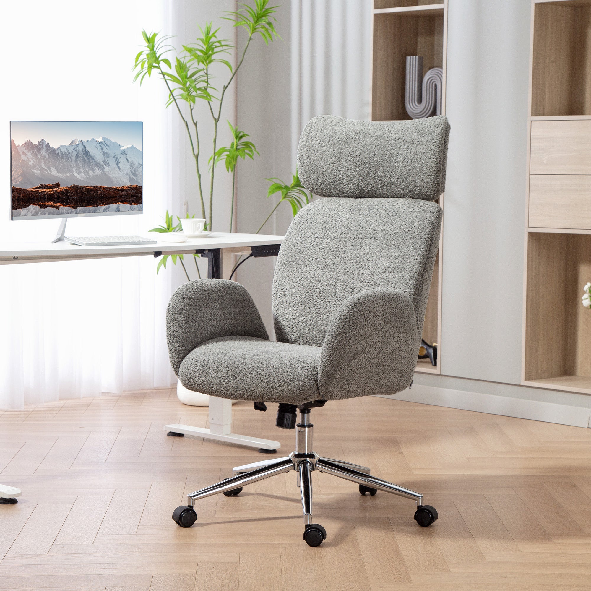 HOMCOM Office Chair with Adjustable Headrest, Spring Pack, Curved Line, Boucle Fabric - Charcoal Grey 