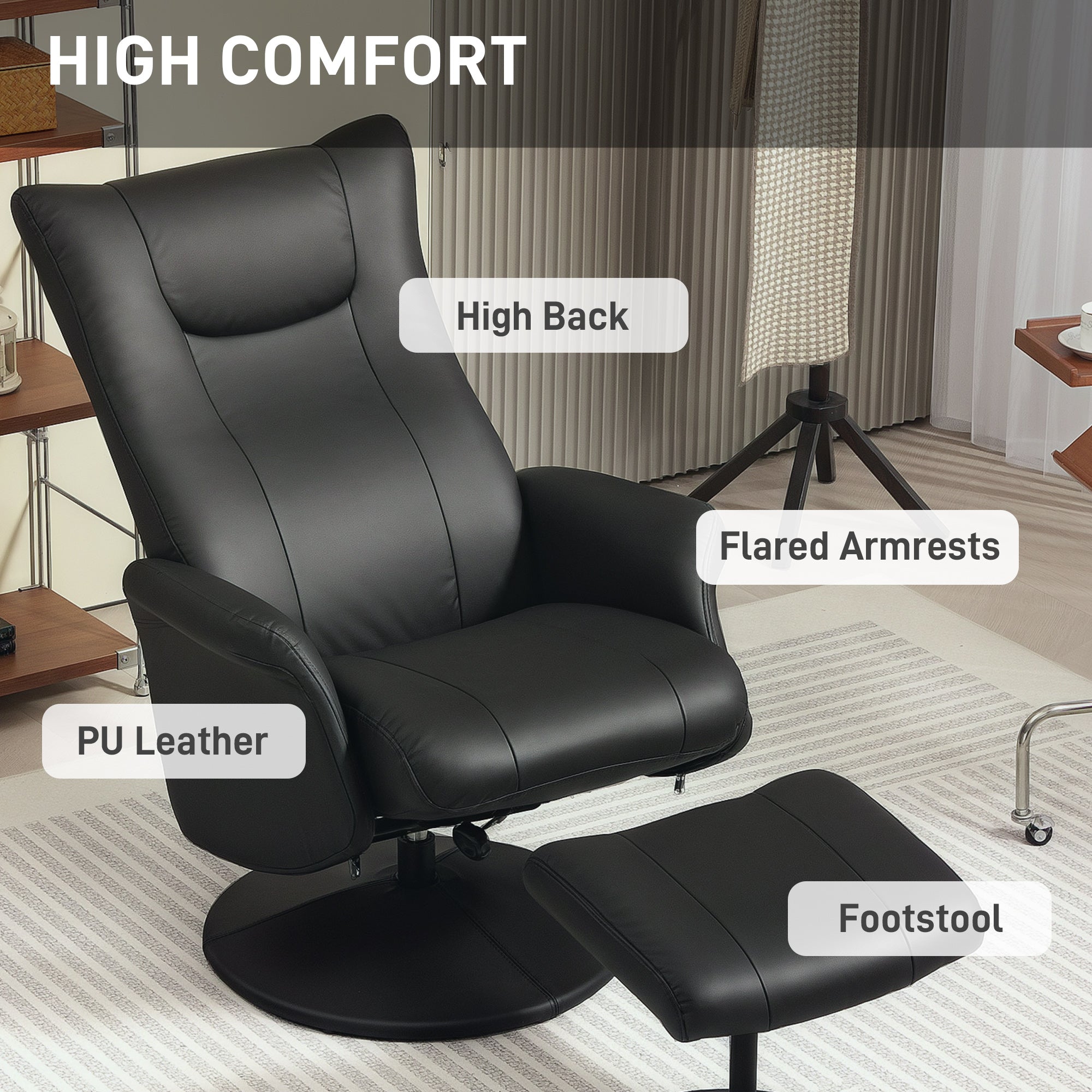HOMCOM Swivel Recliner Chair with Footstool, PU Leather Recliner Armchair with Adjustable Back and Steel Frame, Reclining Chair Lounge with Flared Armrests for Living Room, Black 