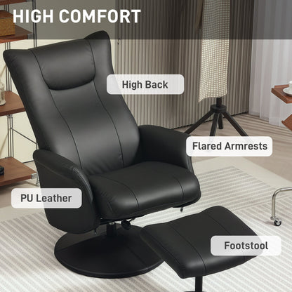 HOMCOM Swivel Recliner Chair with Footstool, PU Leather Recliner Armchair with Adjustable Back and Steel Frame, Reclining Chair Lounge with Flared Armrests for Living Room, Black 