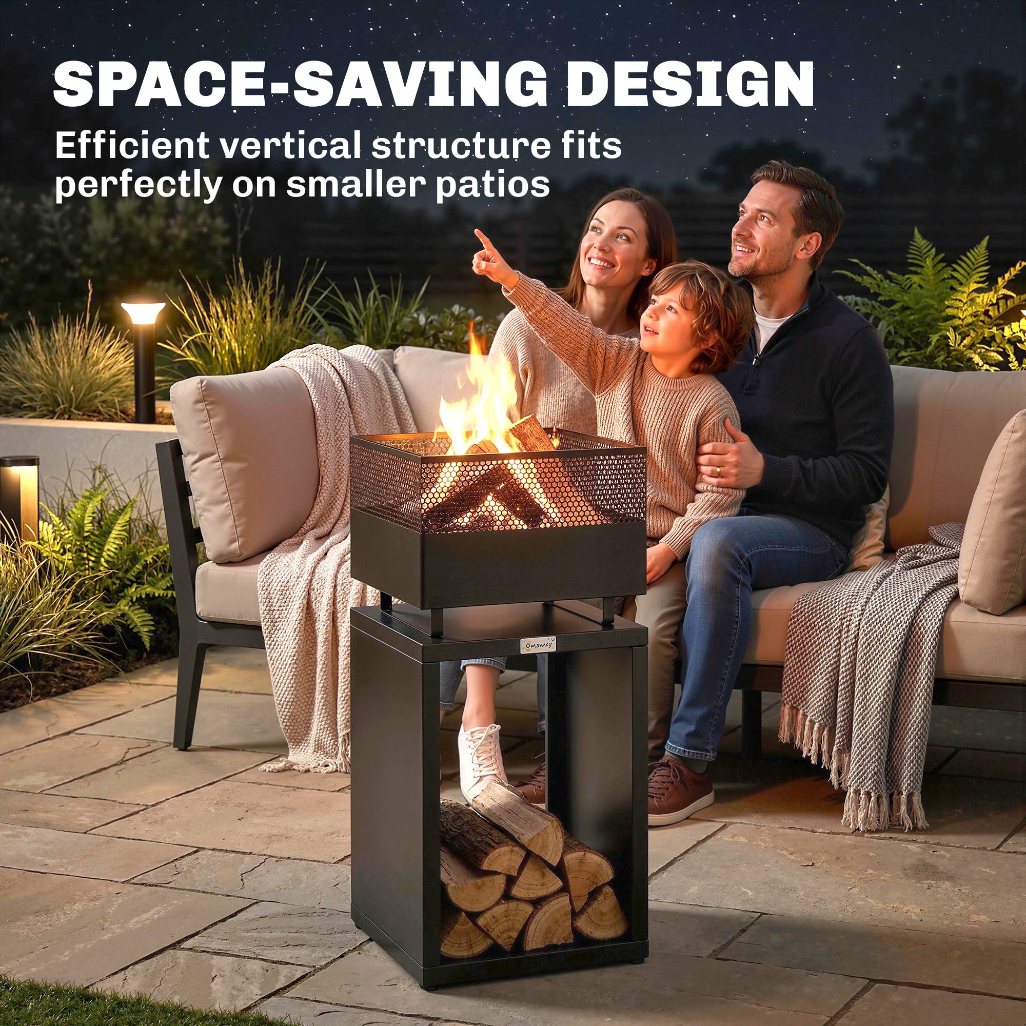 Outsunny Outdoor Fire Pit with Wood Storage Wood Burning Firepit with Mesh Sides 87 cm Black 