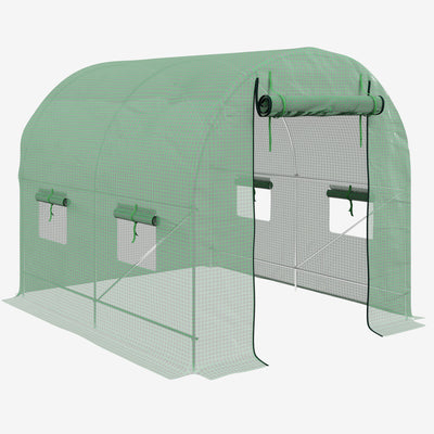Outsunny Walk-In Garden Polytunnel Greenhouse with Steel Frame, PE Cover, Roll-Up Door and 4 Windows, 2.5 x 2m, Green 