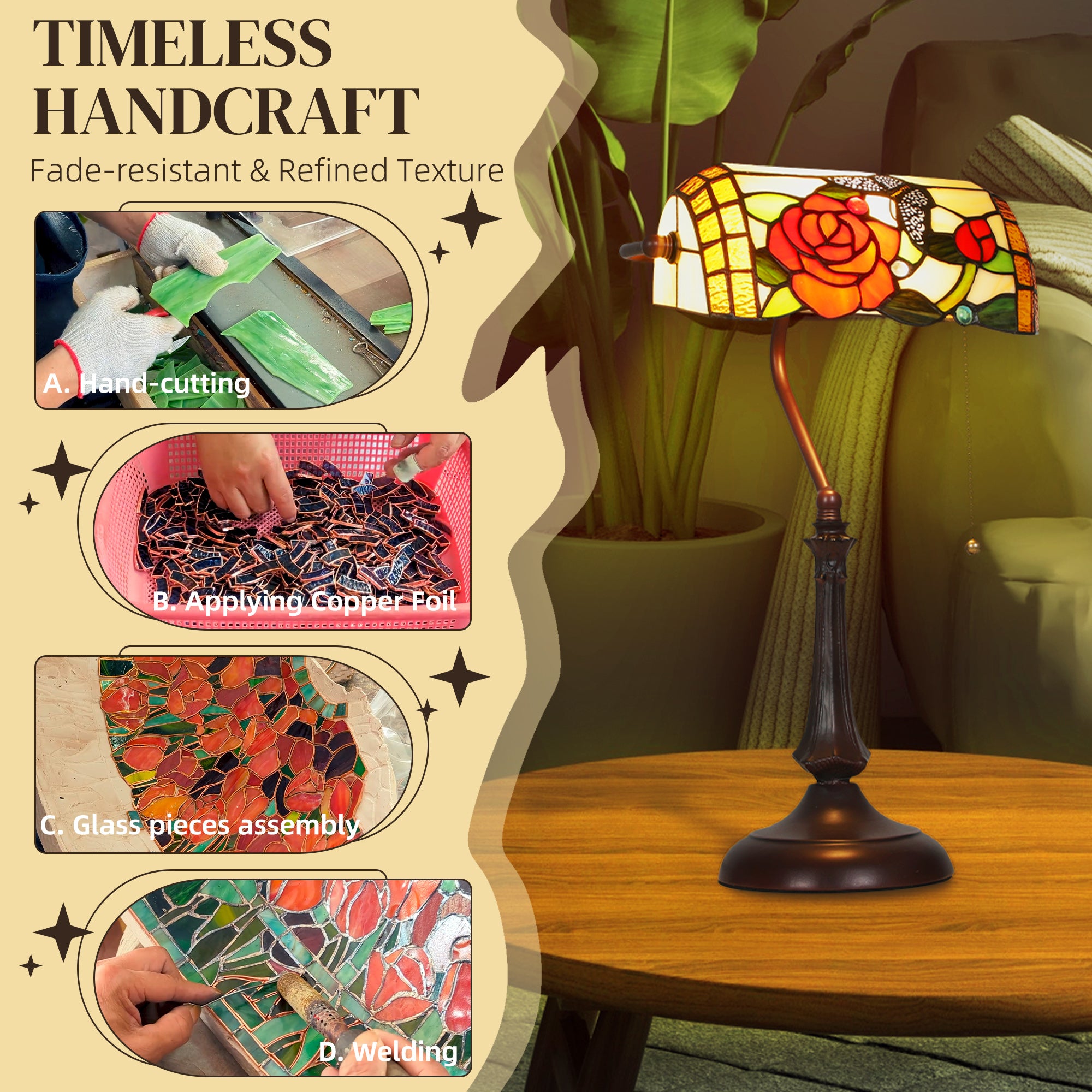 HOMCOM Tiffany-Style Rose and Butterfly Table Lamp - Multi 