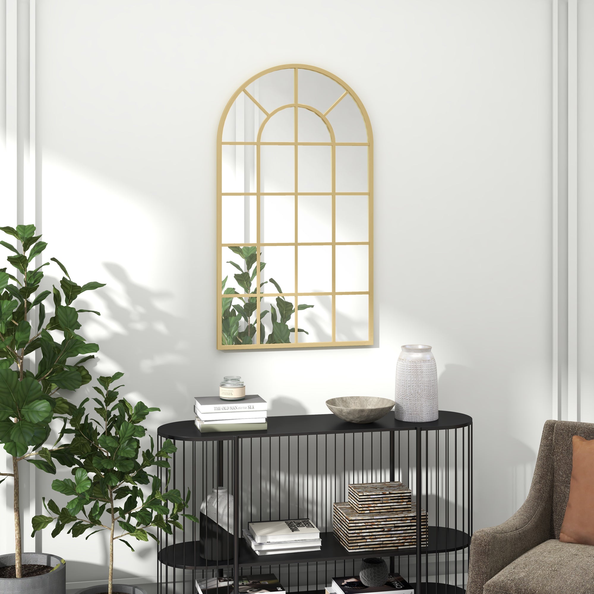 HOMCOM 110 x 65 cm Arched Decorative Wall Mirror for Bedroom Living Room, Modern Window Bathroom Mirror for Home Decor 