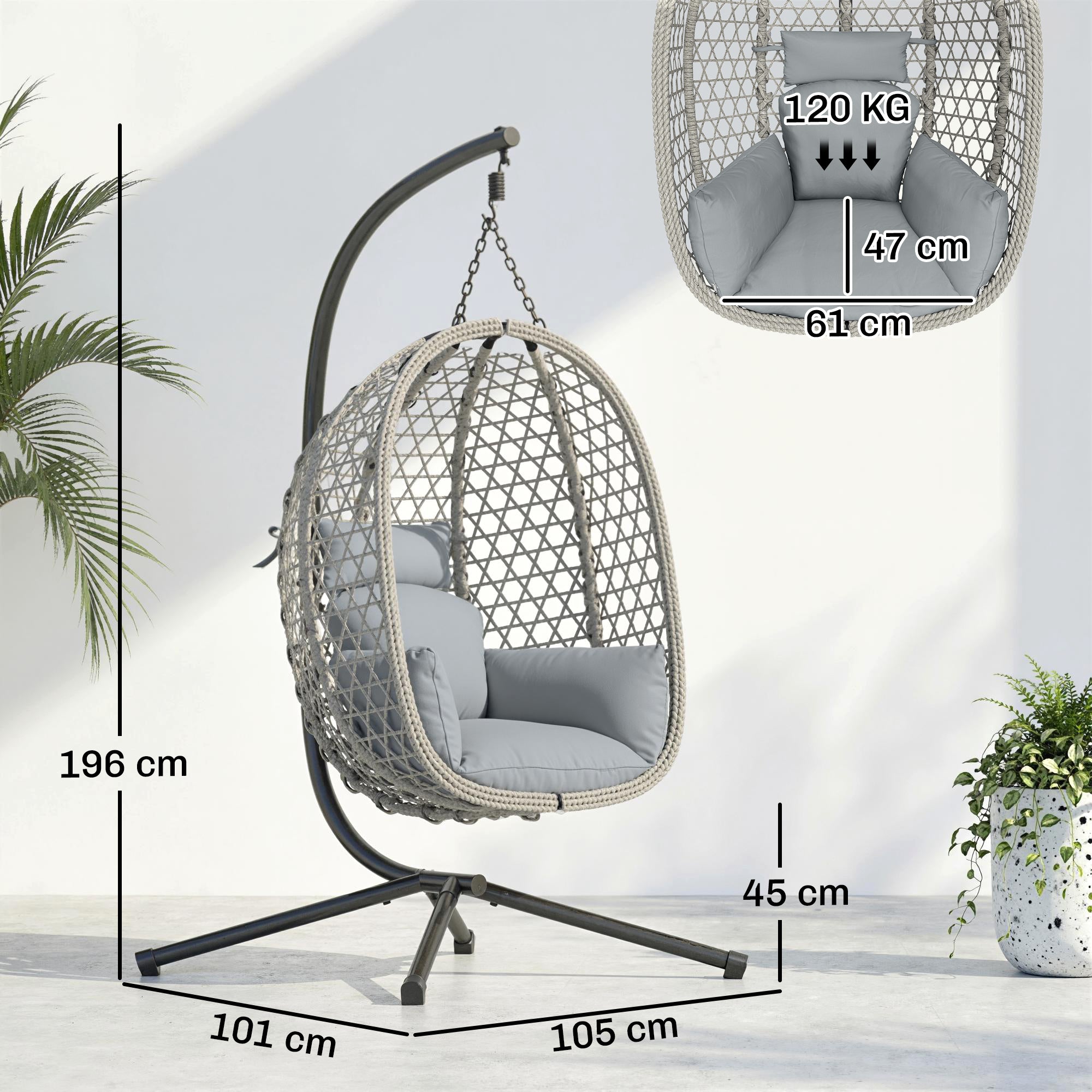 Outsunny Hanging Egg Chair, Indoor Outdoor Rattan Hammock Swing Chair with Stand, Safety Strap, Foldable Basket, Light Grey 
