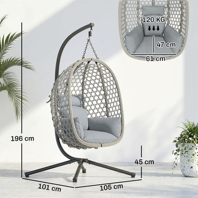 Outsunny Hanging Egg Chair, Indoor Outdoor Rattan Hammock Swing Chair with Stand, Safety Strap, Foldable Basket, Light Grey 