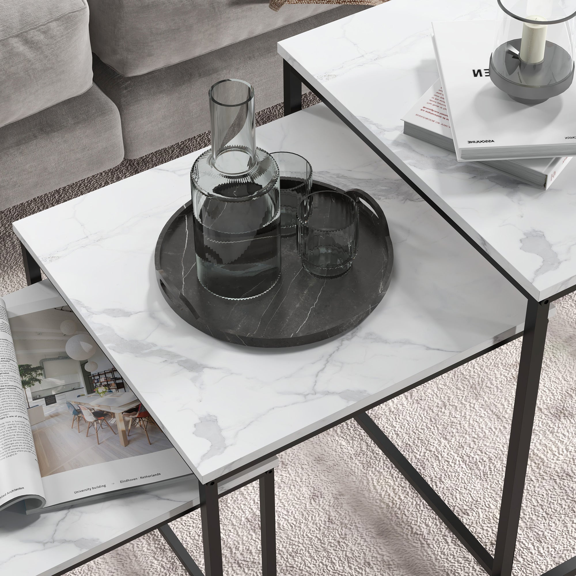 HOMCOM Three Nest of Tables, Marble Effect Finish 