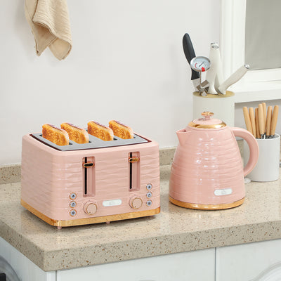 HOMCOM 3000W 1.7L Kettle & 4 Slice Toaster, Kettle and Toaster Set with 7 Browning Controls and Crumb Tray, Light Pink 