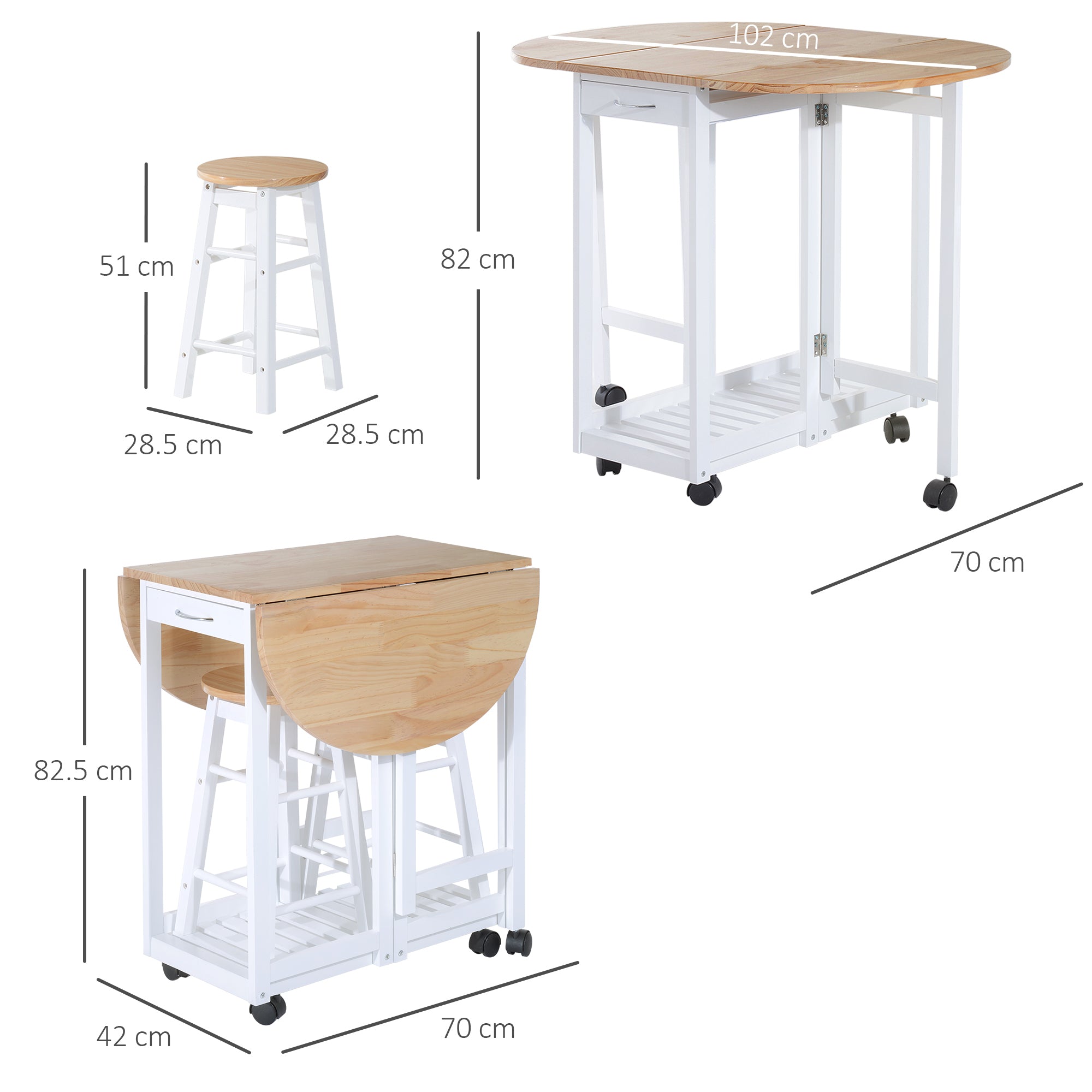 HOMCOM 3PC Wooden Kitchen Cart Mobile Rolling Trolley Folding Bar Table Two Stools Dining Chair Storage Shelf w/2 Drawers & 6 Wheels 