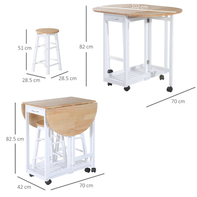 HOMCOM 3PC Wooden Kitchen Cart Mobile Rolling Trolley Folding Bar Table Two Stools Dining Chair Storage Shelf w/2 Drawers & 6 Wheels 