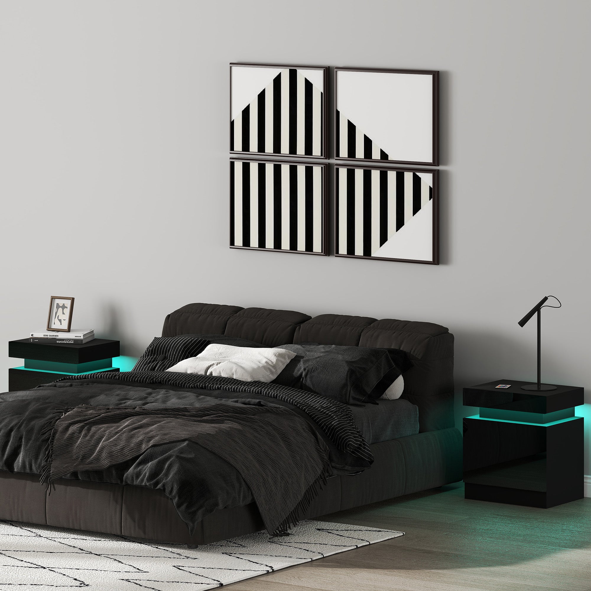 HOMCOM High Gloss Front Bedside Tables Set of 2, Nightstands with RGB LED Light and 2 Drawers, Chest of Drawers for Bedroom, Living Room, Black 