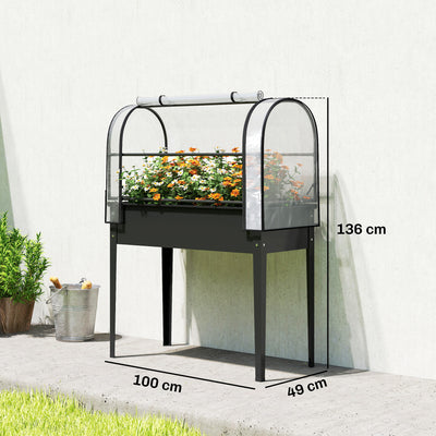 Outsunny Raised Planter with Flip-Up Greenhouse Cover, Metal Raised Garden Bed on Legs with Drainage Hole, Black 