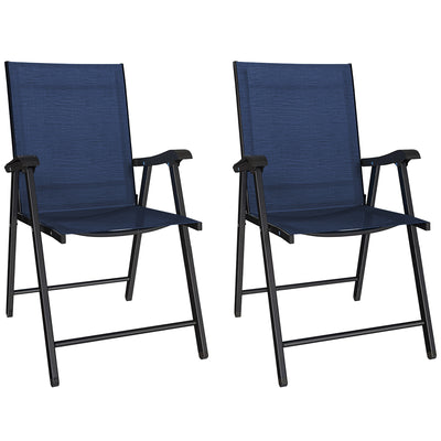 Outsunny Folding Garden Chairs Set of 2, Foldable Garden Dining Chairs with High Back, Armrests, Texteline Seat, Navy Blue 