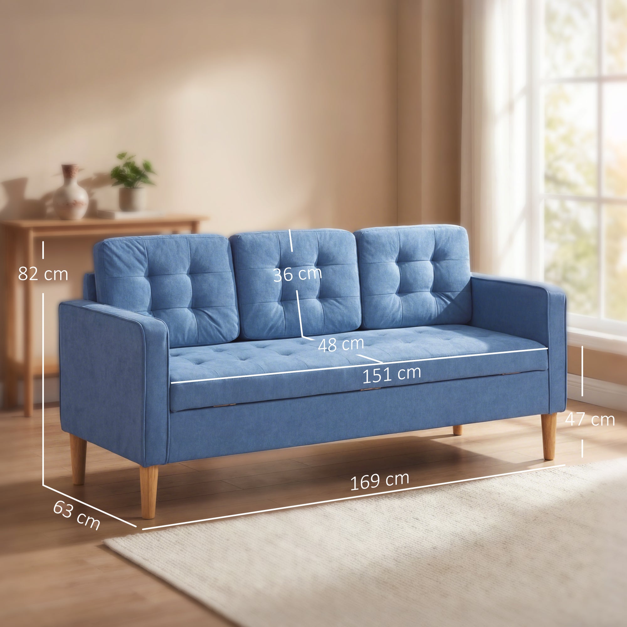 HOMCOM 3 Seater Sofa, 169cm Couch with Hidden Storage, Wood Legs, Blue 