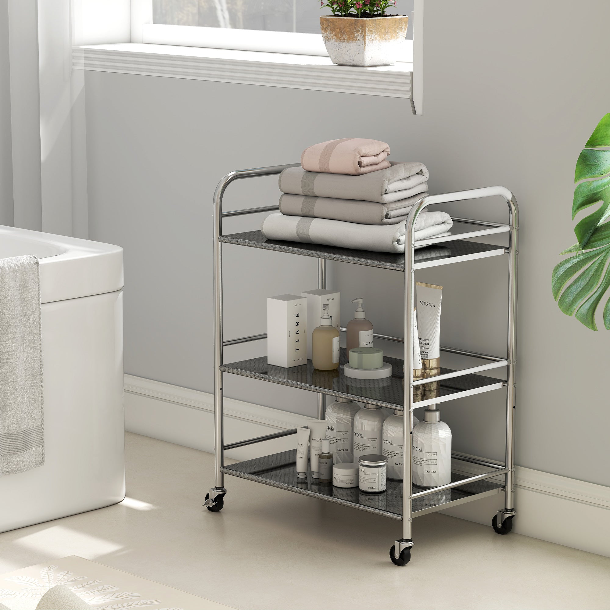 HOMCOM 3 Tier Stainless Steel Kitchen Storage Trolley with Adjustable Shelf - Silver 