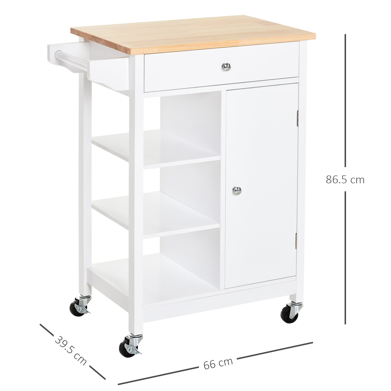 HOMCOM Kitchen Trolley, Kitchen Island on Wheels, w/ Wood Top, 3 Shelves and Storage Cupboard, White 