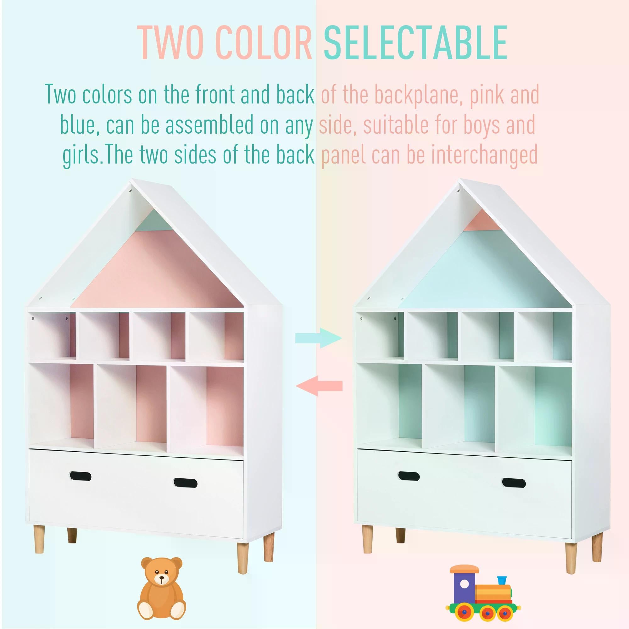 HOMCOM Kids House-Designed Bookshelf, with Drawer – Blue & White 