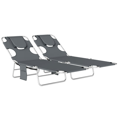 Outsunny 5-Position Adjustable Sun Loungers Set of 2 with Reading Hole and Side Pocket, Dark Grey 