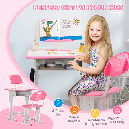 HOMCOM Kids Adjustable Desk and Chair Set, Book Stand, Pen Slot - Pink 