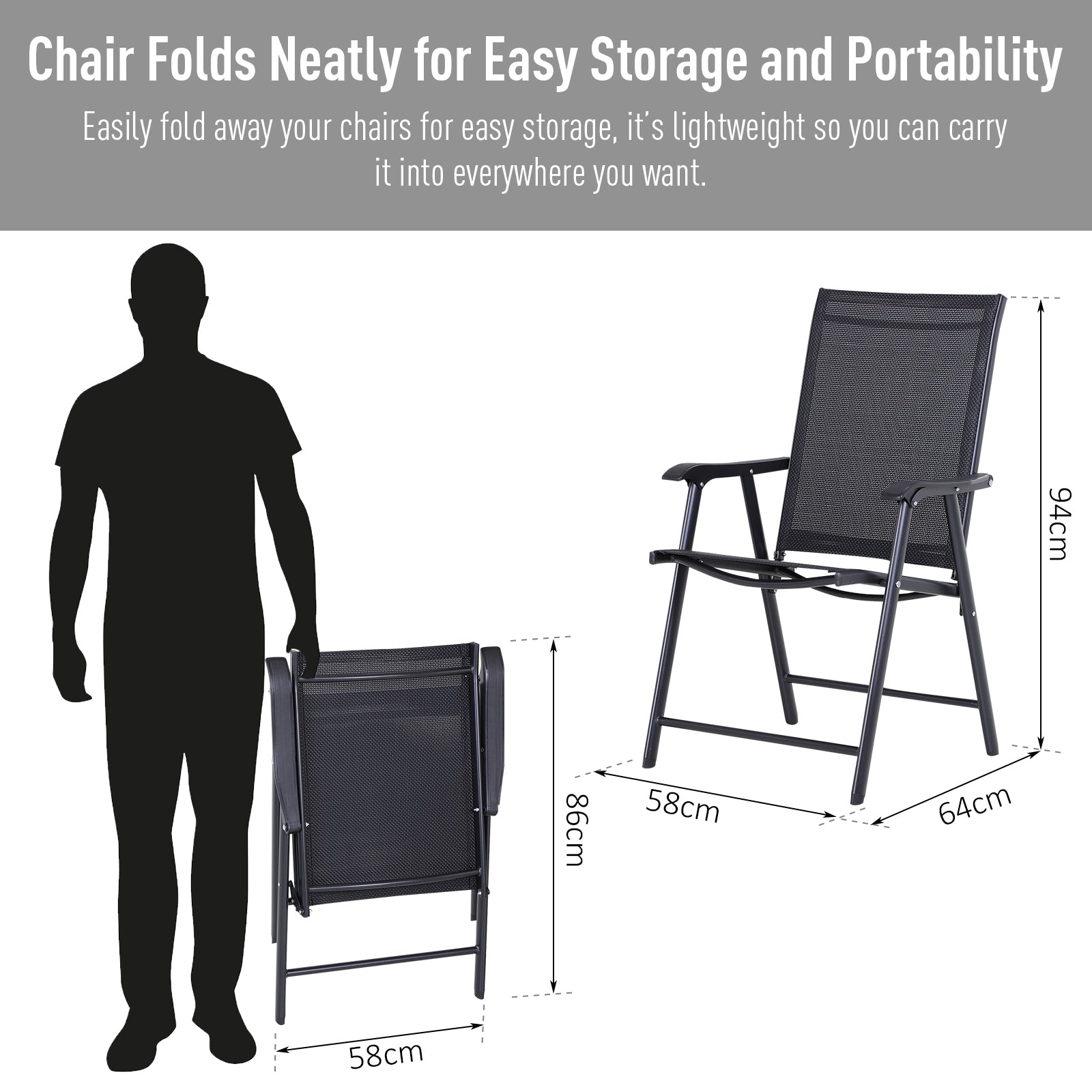Outsunny Steel Frame Set of 2 Foldable Outdoor Garden Chairs Black 