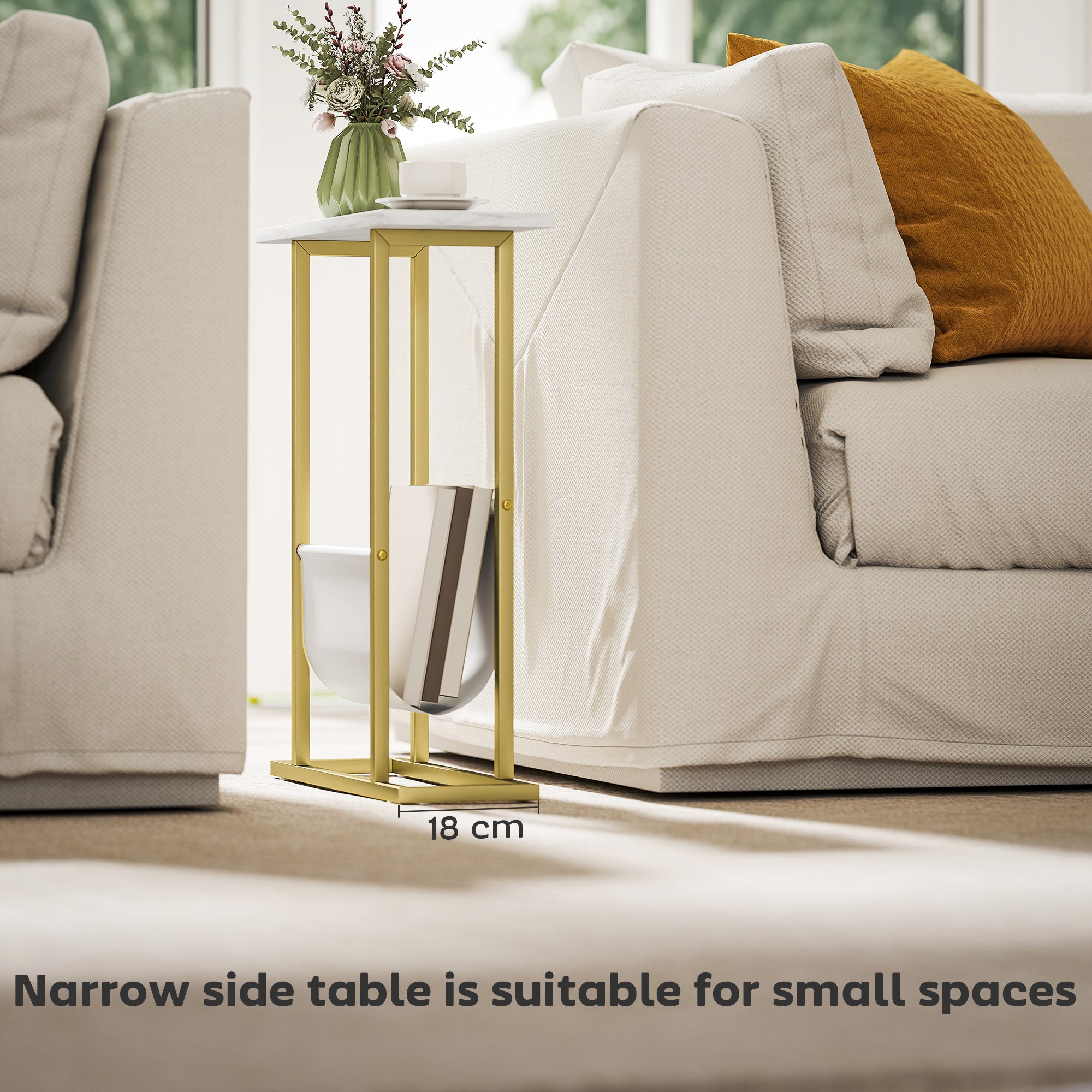 HOMCOM Narrow Side Table, End Table with Magazine Holder, Nightstand for Small Spaces, Living Room, Bedroom, White Marble Grain 