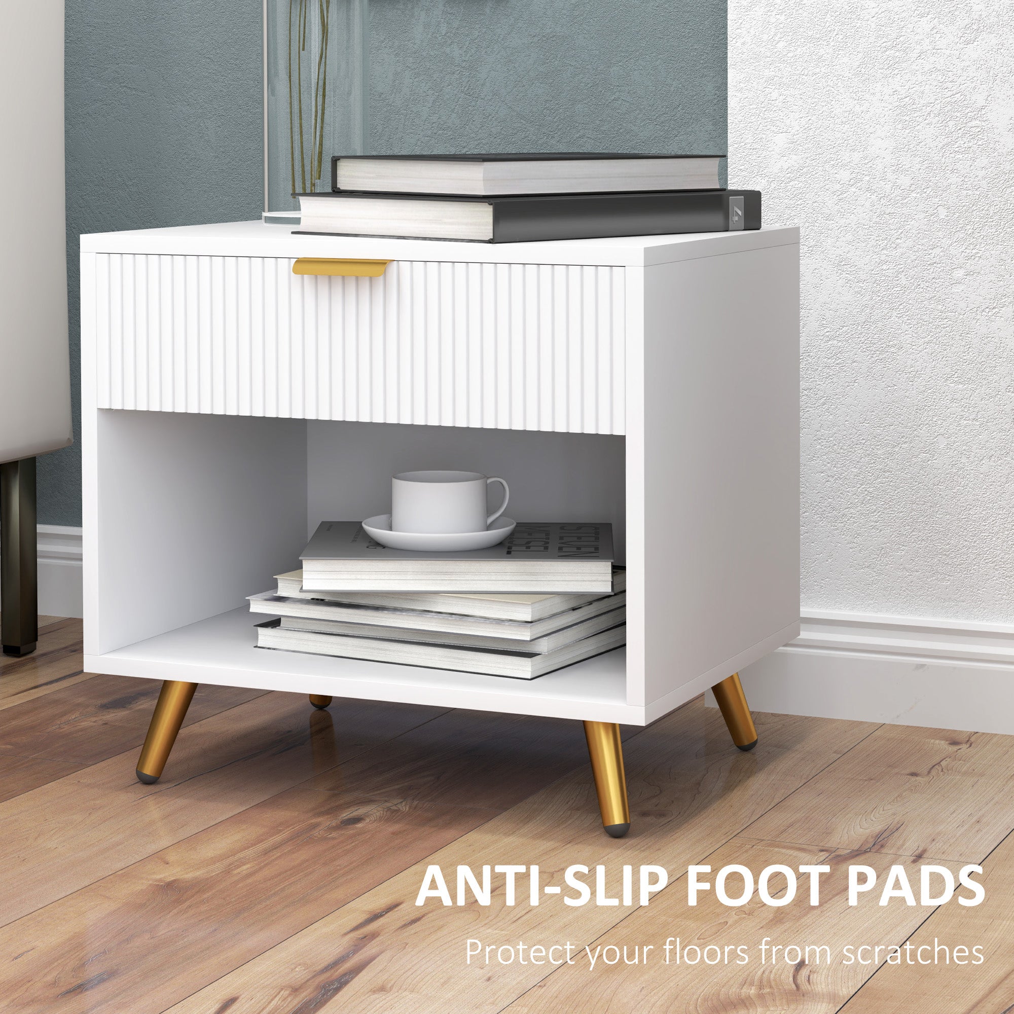 HOMCOM Bedside Tables Set of 2, Bedside Cabinets With Drawer and Open Compartment, Nightstands With Handle for Bedroom, Living Room, White 