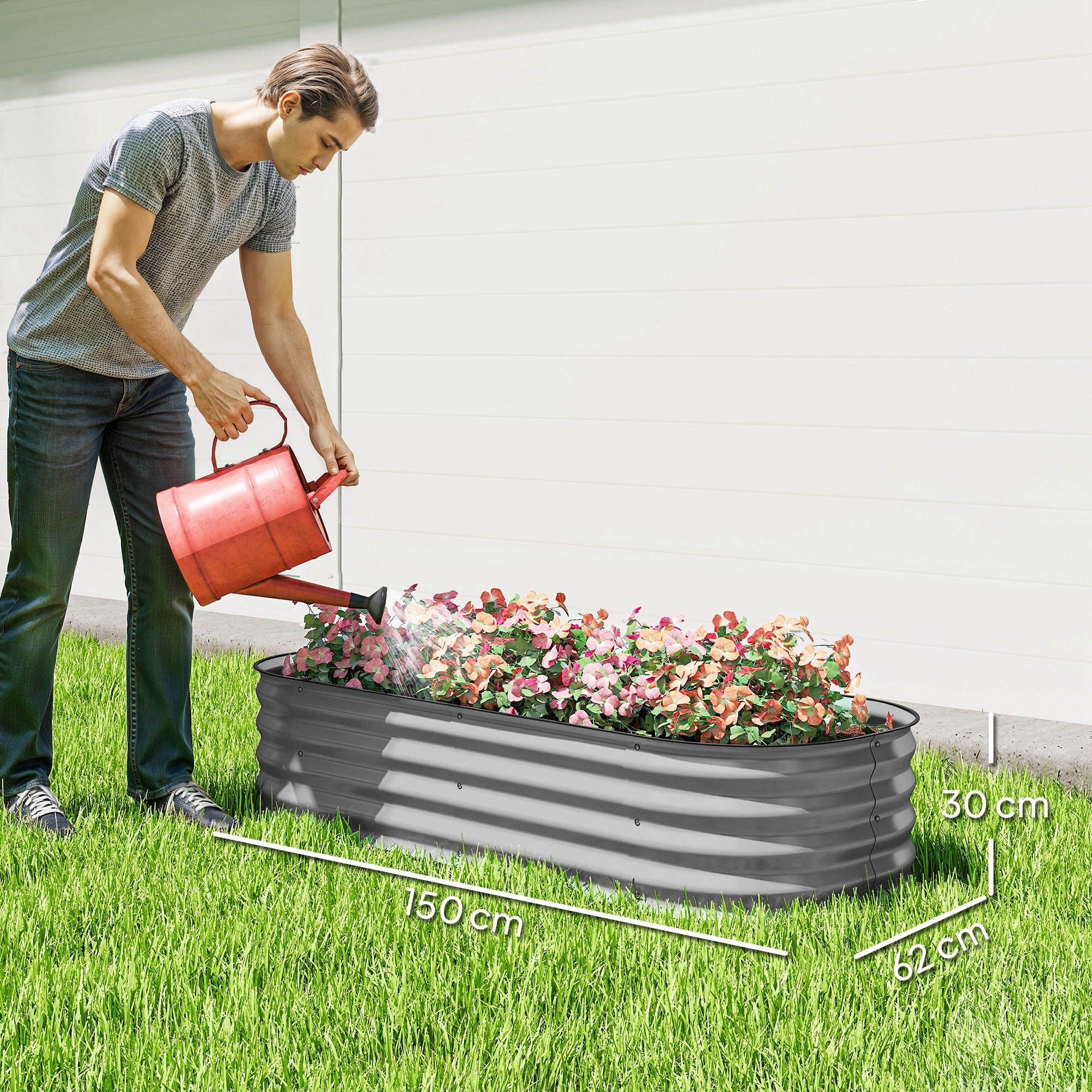 Outsunny Galvanised Raised Garden Bed, Metal Planter Box with Safety Edging, for Flowers, Herbs, Succulents, Silver 