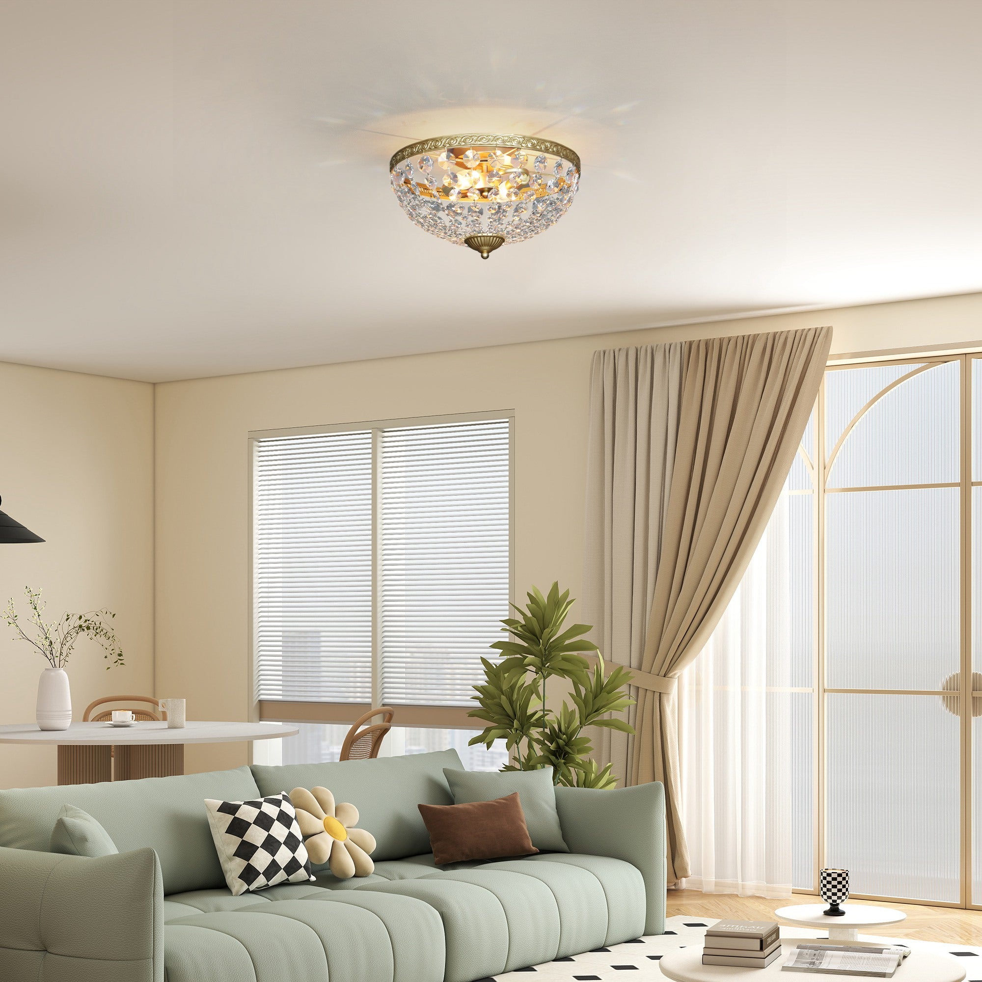 HOMCOM Crystal Chandelier Ceiling Light with 168 Octagonal Beads, Vintage 2-Light Flush Mount Ceiling Light for Living Room, Bedroom, Hallway, Dining Room, Gold Tone 