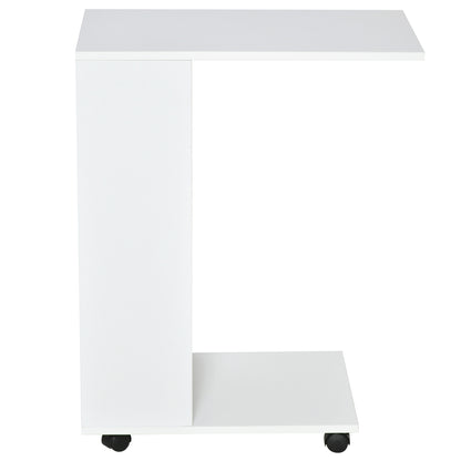 HOMCOM Mobile Sofa Side Table C-Shape End Table with Storage and Casters for Laptop Coffee Snack, White 