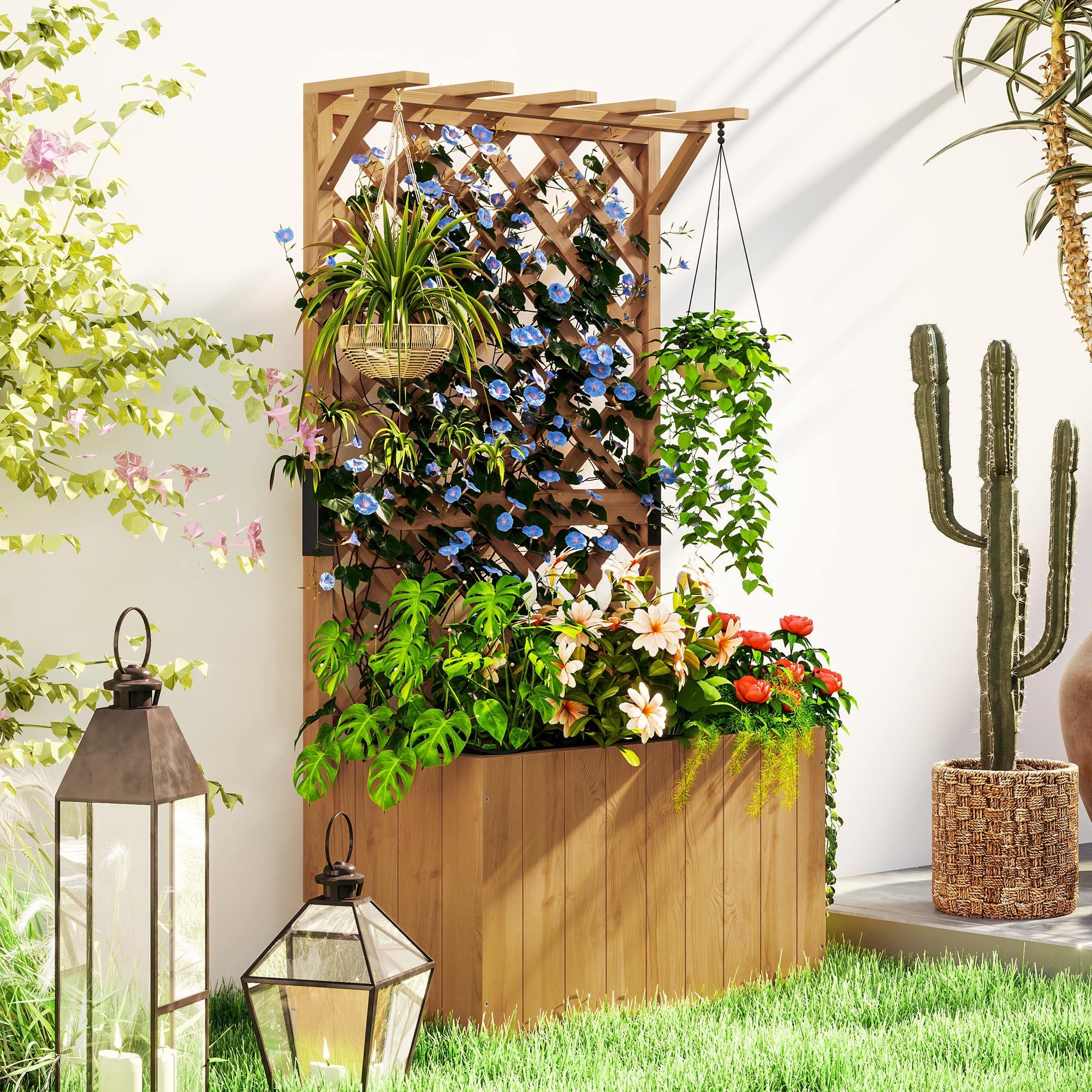 Outsunny Wooden Planter with Trellis, Freestanding Raised Garden Bed with Drainage Holes, Outdoor Planter Box with Liner for Vegetables, Herbs and Flowers, Natural 