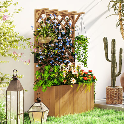 Outsunny Wooden Planter with Trellis, Freestanding Raised Garden Bed with Drainage Holes, Outdoor Planter Box with Liner for Vegetables, Herbs and Flowers, Natural 
