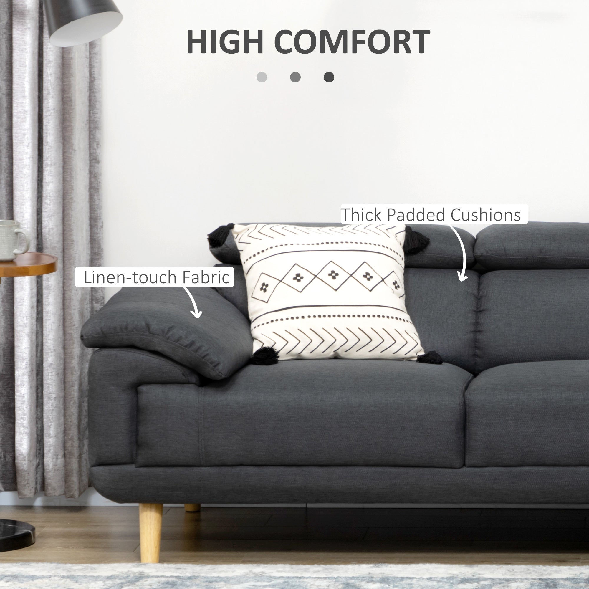 HOMCOM 3 Seater Corner Sofas for Living Room with Adjustable Headrest, Fabric L Shaped Sofa Settee, Couch, Dark Grey 