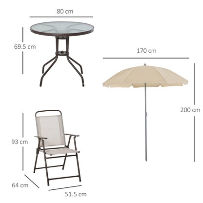 Outsunny Garden Patio Texteline Folding Chairs Plus Table and Parasol Furniture Bistro Set 6 Pieces - Coffee/Cream 