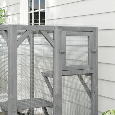 PawHut 71" Outdoor Wooden Cat House with 3 Platforms, Large Door and Weatherproof Roof, for Multiple Cats, Grey 