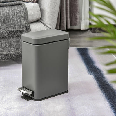 HOMCOM 5L Rectangular Compact Bin Steel Body Removable Bucket Quiet-Close Lid w/ Pedal Lid Rubbish Trash Can Home Office Bedroom Bathroom Living Room Garbage Tidy Clean Grey 