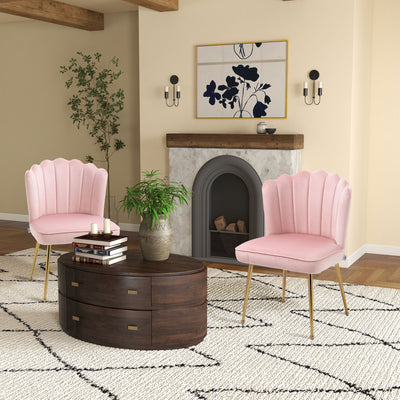 HOMCOM Shell Dining Chairs Set of 2, Upholstered Kitchen Chairs with Gold Metal Legs and Backrest, Velvet Fabric Lounge Leisure Chairs for Living Room, Reception Room, Pink 