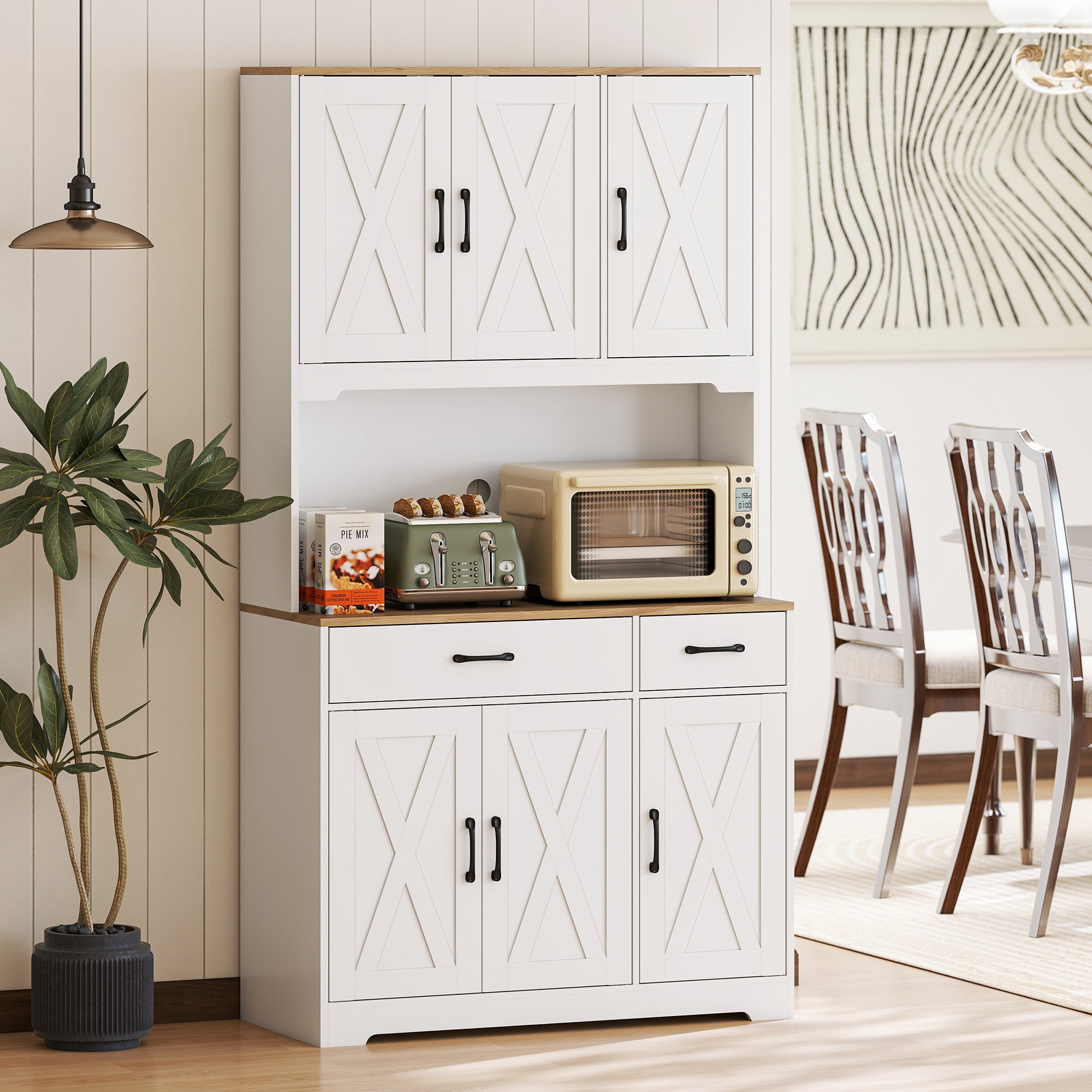 HOMCOM 175 cm Tall Kitchen Pantry Cabinet with Microwave Stand, Freestanding Pantry Cupboard, White 