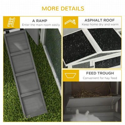 PawHut Rabbit Hutch with Run Wooden Guinea Pig Hutch Outdoor Bunny Cage Hide House with Sliding Tray, Hay Rack, Ramp, 156 x 58 x 68cm, Grey 