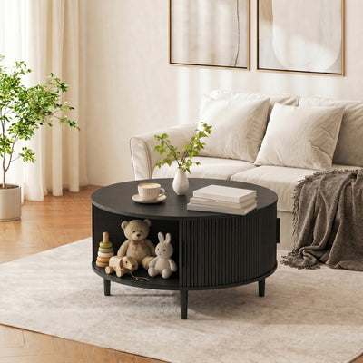 HOMCOM Coffee Table with Lift Top and Hidden Storage, Round Centre Table with Fluted Sliding Door, 80 cm, Black Wood Effect