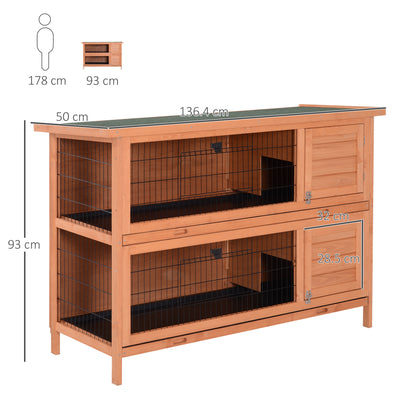 PawHut Rabbit Hutch Outdoor Guinea Pig Hutch Bunny Cage with No-Leak Trays, Divider, 136 x 50 x 93cm, Orange 