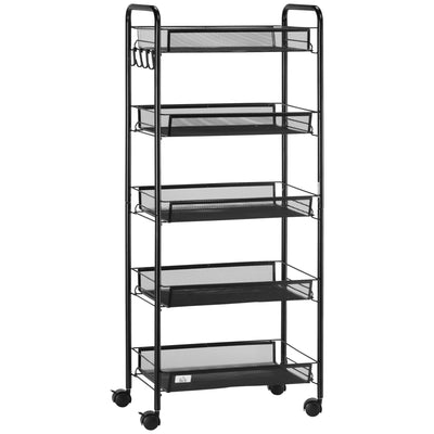 HOMCOM Five-Steel Mesh Basket Storage Trolley, with Wheels - Black 